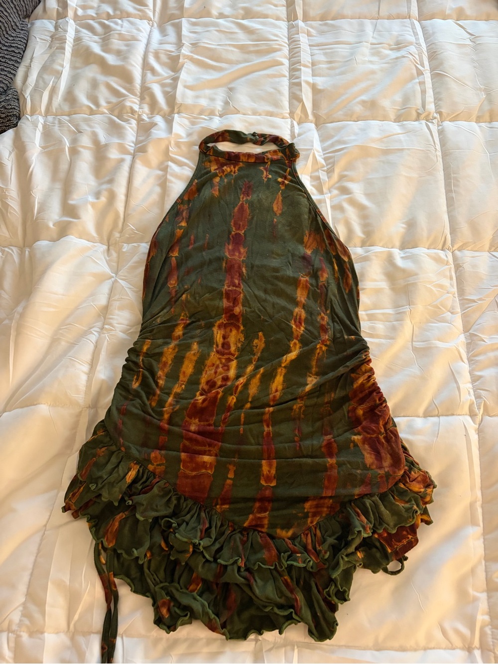 Tie-Dye Halter Ruffle Mini Dress - Green & Rust